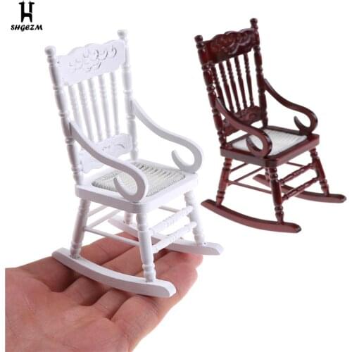 Dollhouse Miniature Furniture White Brown Wooden Rocking Chair Hemp Rope Seat For Dolls House Accessories Decoration Toys