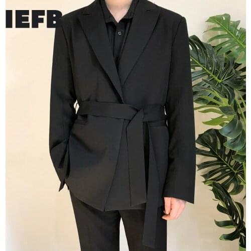 IEFB /mens wear 2021 spring casual black Suit Loose Coat Self-cultivation Trend Handsome Small blazers with belt design 9Y90001