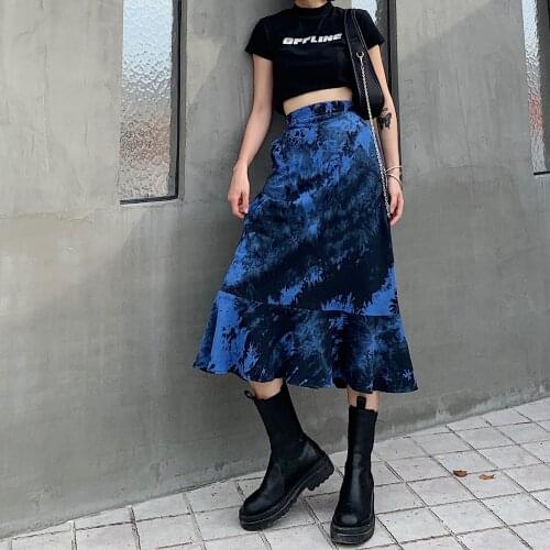New Arrival 2 Ladies Fashion Blue Tie-Dye Skirts Girls High Street Party Use Women Fashion Ruffled Hem High Waist Skirts