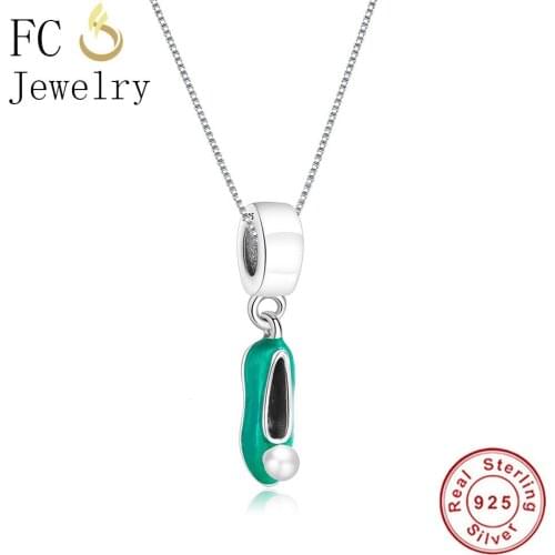 FC Jewelry 925 Sterling Silver Green Color Enamel Ballet Sport Peal Shoes Pendant Necklace Baby Femme Chain Chokers Trinket 2019