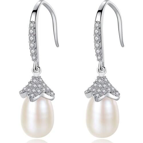 MetJakt S925 Sterling Silver Micro-Inlaid 3A Zircon 7-8mm Freshwater Pearl Fashion All-match Womens Ear Pendant