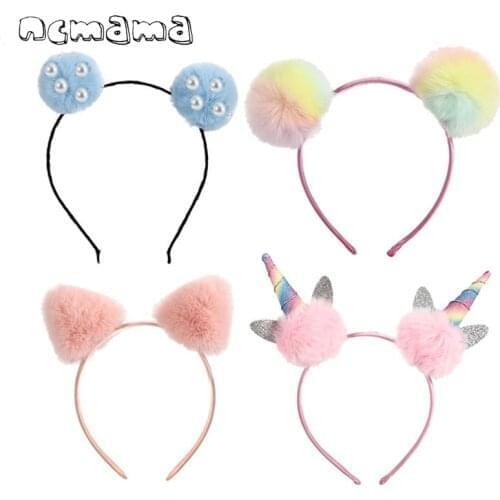 Ncmama 10pcs/lot Panda Ears Hair Bands For Girls Kids Colorful Fluffy Pompom Ball Unicorn Headband Cute Fashion Hair Accessories