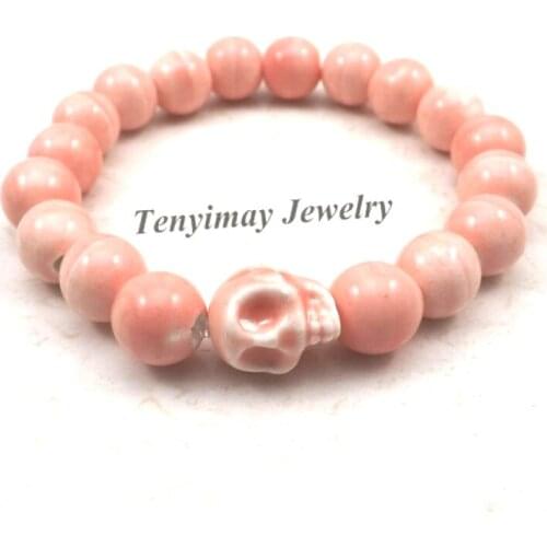 Pink Skull Charm Bracelets 10mm Ceramic Beaded Elastic Bracelets For Halloween 12pcs Wholesale