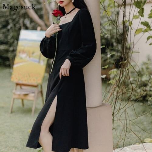 Long Sleeve Womens Dress Summer 2021 Square Collar Black Chiffon Dress Elegant Gowns Split Casual Party Dresses Verano 13234
