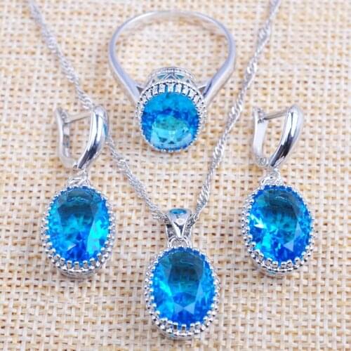 Russian Style Wedding Jewelry Set For Women Silver Color Sky Blue Zirconia Crystal Pendant Earrings Rings 2020 New TZ0191