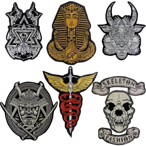 Embroidered Punk Fashion Skeleton Sheep Skull Warrior Sword Wing Snake Patch Buddha Statue God Iron-on Motorcycle Clothes Badge