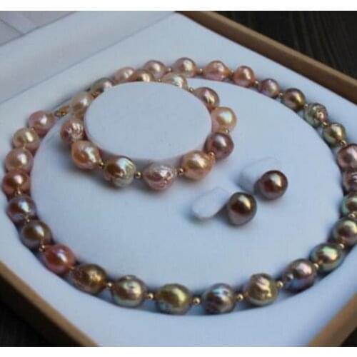 Jewelry Free Shipping huge 13-15mm south sea baroque multicolor pearl necklace &bracelet&earring set