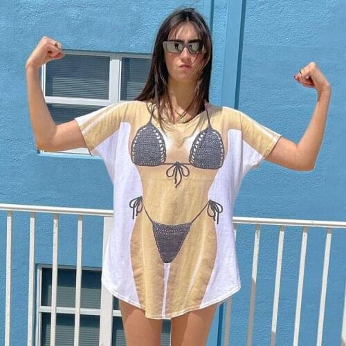 Womens fashion printed round neck short sleeve bag hip long loose loose fresh wild European and American top