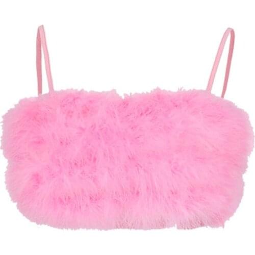 Womens Feather Crop Top Sleeveless Solid Color Mini Camisole Fluffy Plush Night Party Clubwear