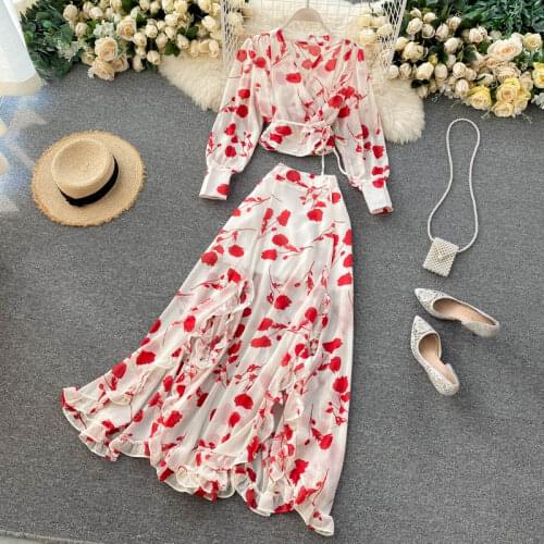 Womens Spring Summer Runway Fashion Print 2 Pcs Chiffon Dress Female Sexy High Waist Vest Chic Slim Beach Dress TB1751