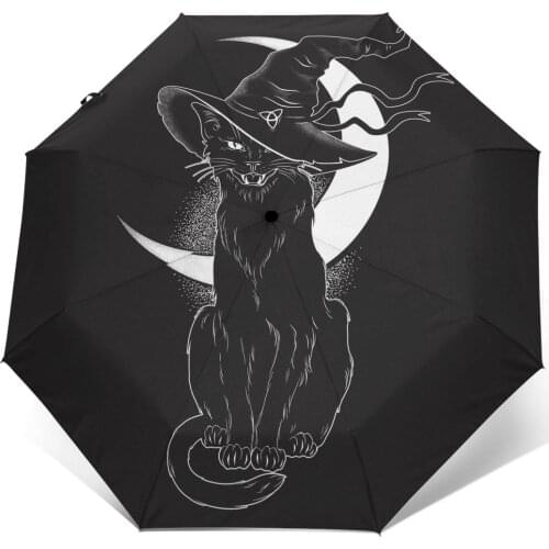 Wind Resistant Fully-Automatic Umbrella Black Cat With Pointy Witch Hat Art Dot Work Rain 3 Folding Parasol Travel Car Umbrella