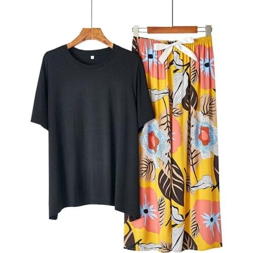 2021 Fashion Sleepwear Womens Cotton Cute Pajamas Girls Short Sleeve Tops Long Pants With Pockets Printed Casual Lounge Wear