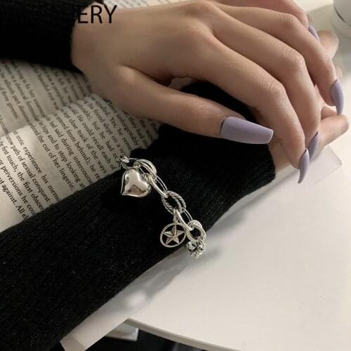 ANENJERY 925 Sterling Silver Vintage Heart Star Pendant Bracelet for Women Thai Silver Light Luxury Bracelet Jewelry S-B519