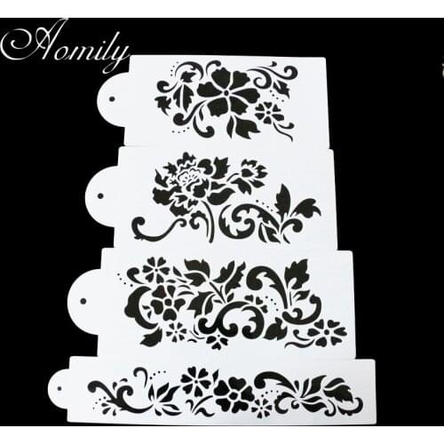Aomily 4pcs/Set Plastic Art Flowers Cake Stencil Airbrush Painting Art Mold Cookies Fondant Molds DIY Cake Mousse for Cakes
