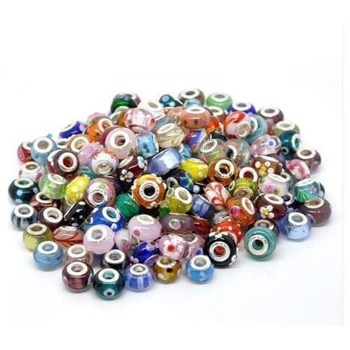 Free Shipping 50pcs Random Mixed Multicolor Lampwork Beads Big Hole Fit European Charms Bracelet 14x9mm