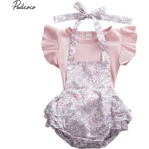 2020 Baby Summer Clothing 2PCS Newborn Baby Girls Floral Clothes Ruffled Striped Tops Romper+Overall Tutu Shorts Pants Outfit