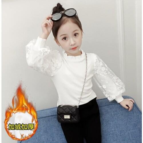 Kids Spring Shirts Winter Velvet Teenager Girls Blouse White Lace Puff Long Sleeve Girls Shirts Kids Tops Baby Girl Clothes