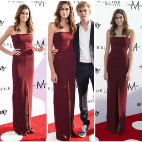 Elegant Strapless Burgundy Celebrity Dresses with Slit Satin Sleeveless Straight Abendkleider Robes de Soirée for Women