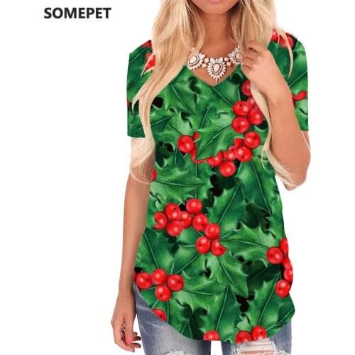 SOMEPET Christmas T Shirt Women Leaf T-shirts 3d Painting V-neck Tshirt Decorate Shirt Print Womens Clothing Summer Casual Tops