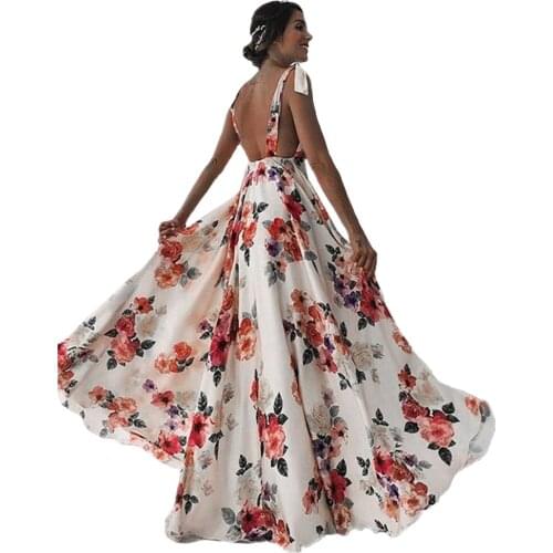 Best Selling Ladies Dresses Floral Print Sexy Sleeveless V-neck Backless Sling Dress Women Party Long Loose Big Pendulum Dress