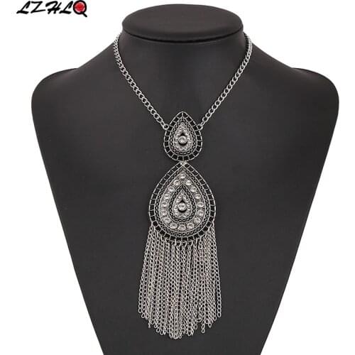LZHLQ Vintage Water Drop Rhinestone Necklace For Women Ethnic Hollow Metal Long Tassel Necklaces Maxi Plated Jewelry Accessories