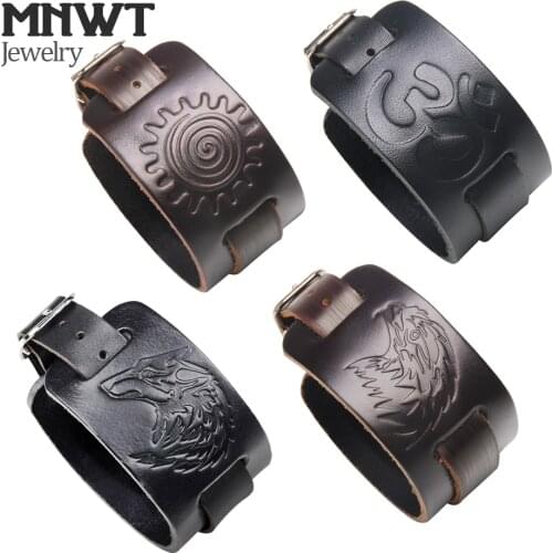 MNWT Charm Wide Leather Bracelet Black Brown Men Fashion Embossed Wolf/Eagle/Totem Wristband Bangle Punk Rock Style Jewelry