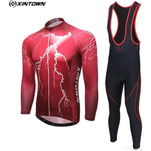 XINTOWN Mens Cycling Bike Bicycle Bike Equipemts Cycle Long Sleeve Jersey Jacket & Tights Bib Pants Suits Sets Lightning Red