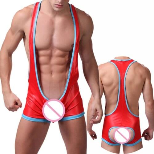 Mens Undershirts PU Leather Clubwear Jumpsuits Wrestling Singlet Backless Leotard One-Piece Bodysuit Sexy Jockstrap Male Boxers