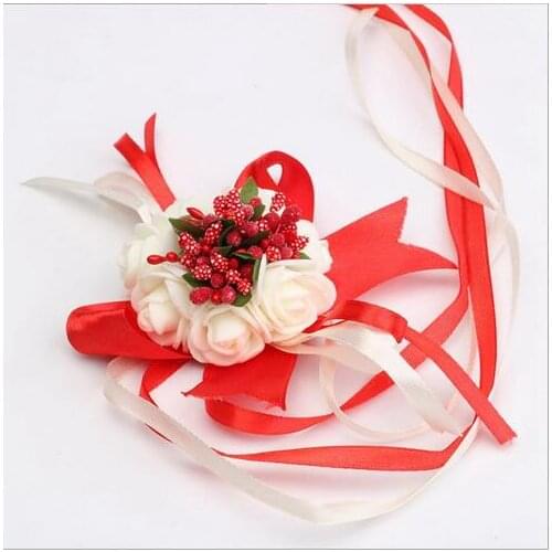 Cheap Wrist Flower Rose Silk Ribbon Bride Corsage Hand Flower Decorative Wristband Bracelet Bridesmaid Curtain Band Clip Bouquet