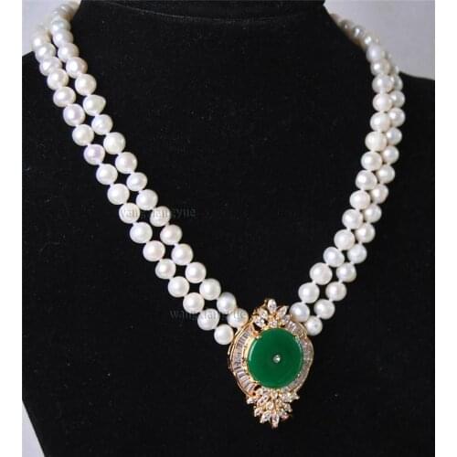 Nobility Woman natural Beautiful 2Rows White Pearl Green GEM Pendant Necklace Plated jewelryCZ Luxury Ms. girl