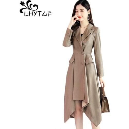 UHYTGF New autumn windbreaker women Slim long coats Fashion irregular elegant female trench coat Plus size top woman clothes 368