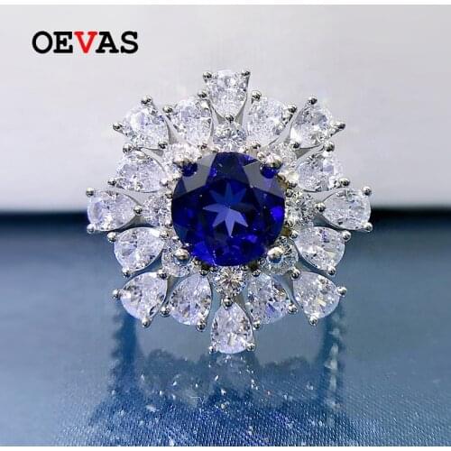 OEVAS 100% 925 Sterling Silver 8mm Sapphire High Carbon Diamond Flower Rings For Women Sparkling Wedding Party Fine Jewelry Gift