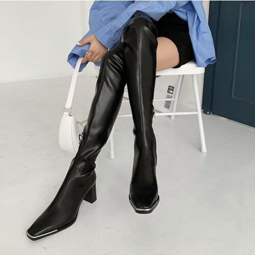 Osunlina 2021 New Fashion Long Boots For Woman Winter Black Sexy Square Toe High Heels Stretch Fabric Comfortable Lady Shoes