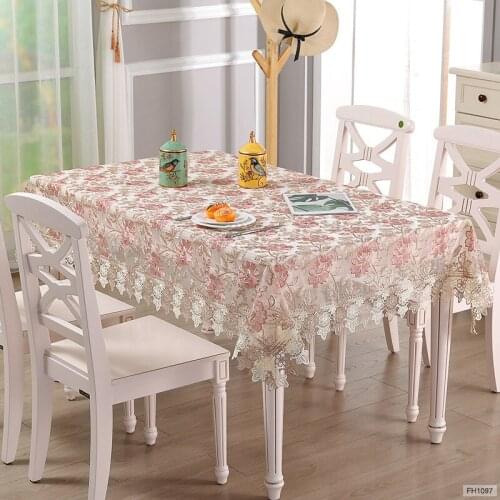 Pastoral Style Rectangular Tablecloth , Round Multifunctional Dust Cover with Lace and Rose Embroidery , 60-270cm