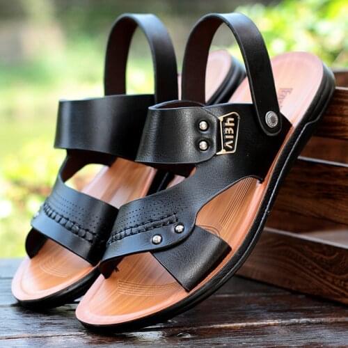 Summer Slippers Men Beach Sandals Casual Shoes Men Leather Sandals Genuine Leather Mens Slippers Outdoor Slip On Sandals Bona