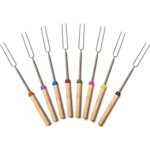 BBQ Skewers Eight Colors Stretch Foldable Fork Wood Handle Marshmallow Roasting Heat Resistance Sticks