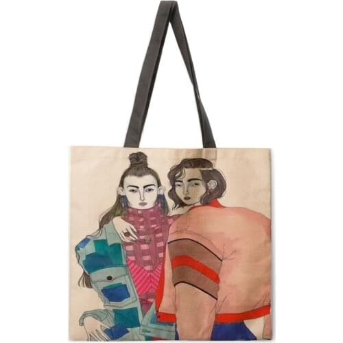 Modern girl linen fabric casual tote bag foldable shopping bag reusable beach bag lady shoulder bag