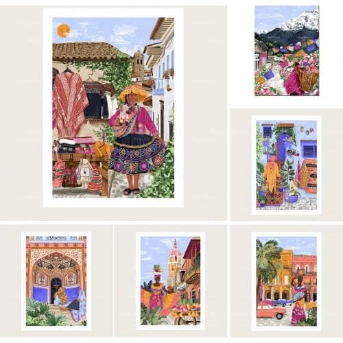 Modern Abstract Vietnamese Women Wall Art | Indian Pattern | Decorative Boho Style | Canvas Painting Tropical Plants Plant Pictu