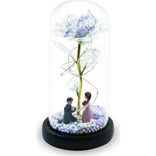 Glass Cover Decoration Ornaments Artificial Flower Decorationt Color Gold Leaf Rose Flower with Lamp New Year Gift