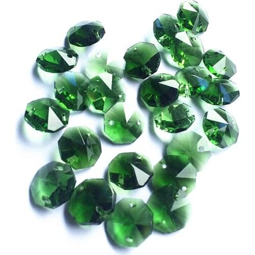 Top Quality 100pcs Green 14mm Crystal Octagon Chandelier Accessories in Two holes (Free Rings) Diy Crystal Glass Curtain Beads