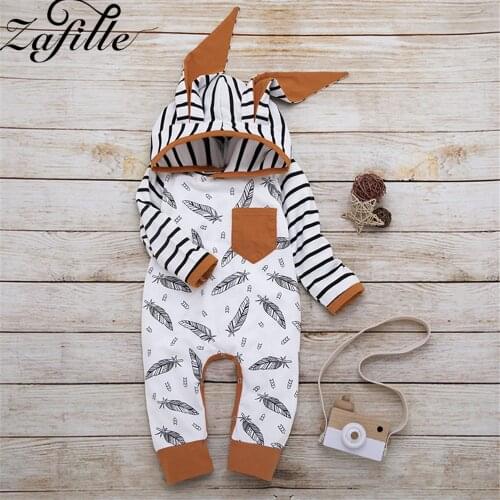 ZAFILLE Baby Boy Romper Autumn Cotton Stripe Patchwork Feather Printed Hooded Baby Romper Winter Overalls For Babies Newborn