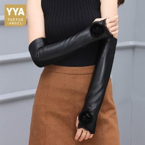 2020 British Style Women Gloves Genuine Leather Women Fingerless Gloves Fashion Female Lace Long Glove Elastic Luva Feminina