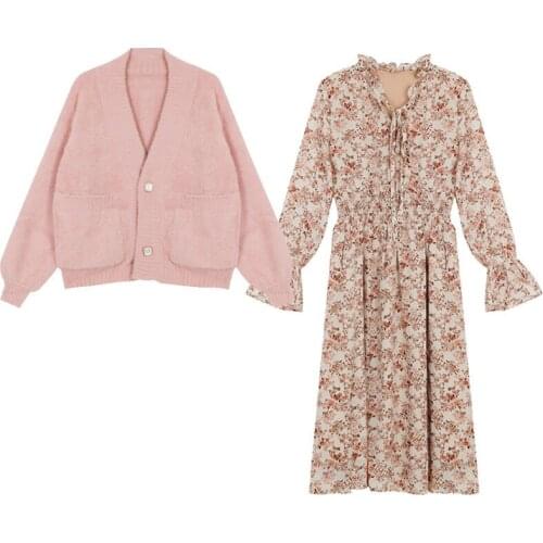 2021 Women Plus Size Sweater Two piece Set Loose Soft Knitted Cardigan and Floral Printed Fashion Elegant Long Dresses Suit