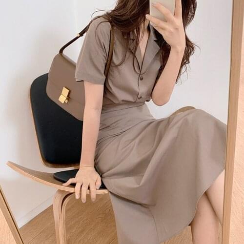 Notched Shirts Skirt Set Women Elegant Summer Two Piece Set Short Sleeve Single Breasted Top + High Waist Long Skirts Korea B182