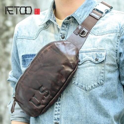 AETOO Hand-made cow leather chest bag, youth zipper retro leisure belt bag, fashion sports bag, leather diagonal cross bag