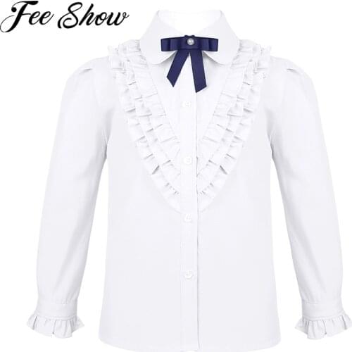 Teenage Girls Blouses Formal Clothes Long Sleeves Turn-Down Collar Bow Shirts Girls School Uniforms Preppy Style Girls Blouses