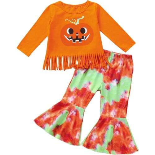 FOCUSNORM Halloween Kids Girls Autumn Clothes Sets 2pcs Pumpkin Printed Long Sleeve Tassel Tops Tie-Dye Printed Flare Pants 1-6Y