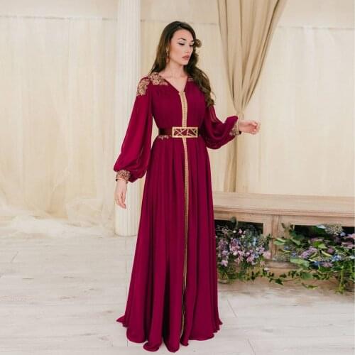 Fuchsia V-Neck Moroccan Caftan Summer Dress A-Line Floor Length Sleeves Evening Dresses With Applique Saudi Arabia Prom Dress