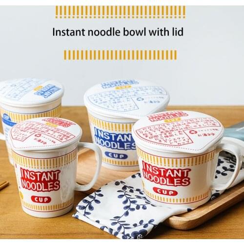 Ceramic instant noodle bowl with lid and Handle instant noodle Cup soup bowl Microwave Oven Dishwasher available blue red