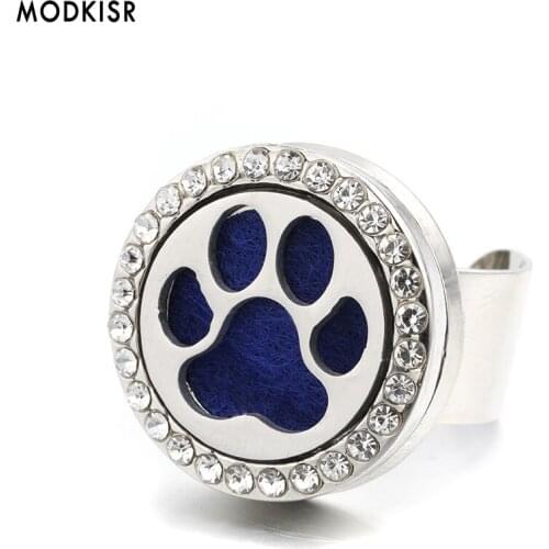 MODKISR Wholesale Stainless Steel Paw Print 25mm Wild Trendy Aromatherapy Essential Oil Diffuser Women Rings Jewelry Female Ring